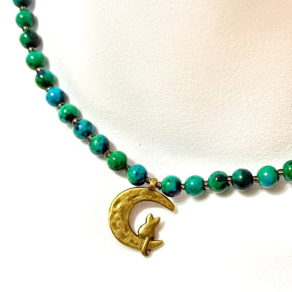 Teal Chrysocolla Short Necklace, Genuine Gemstone & Bronze Cat on the Moon Charm - Picture 1 of 13